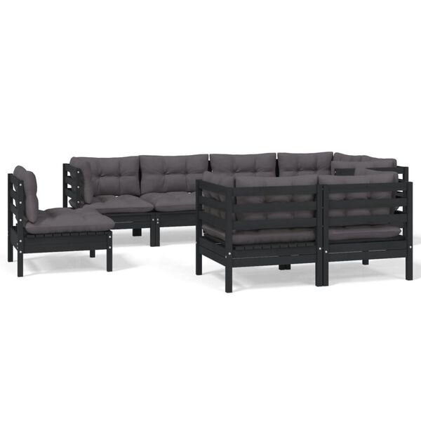 vidaXL 8 Piece Garden Lounge Set with Cushions Black Solid Pinewood