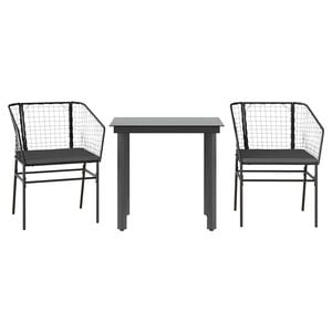 vidaXL 3 Piece Garden Dining Set with Cushions Black Poly Rattan Glass