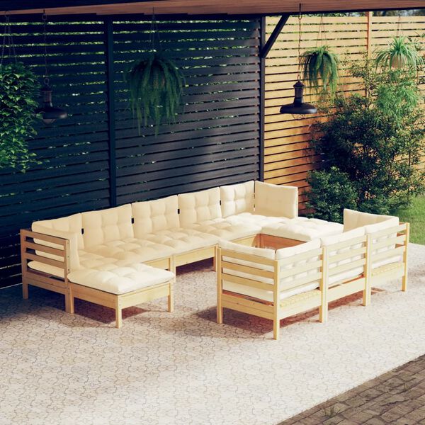 vidaXL 10 Piece Garden Lounge Set with Cream Cushions Solid Pinewood