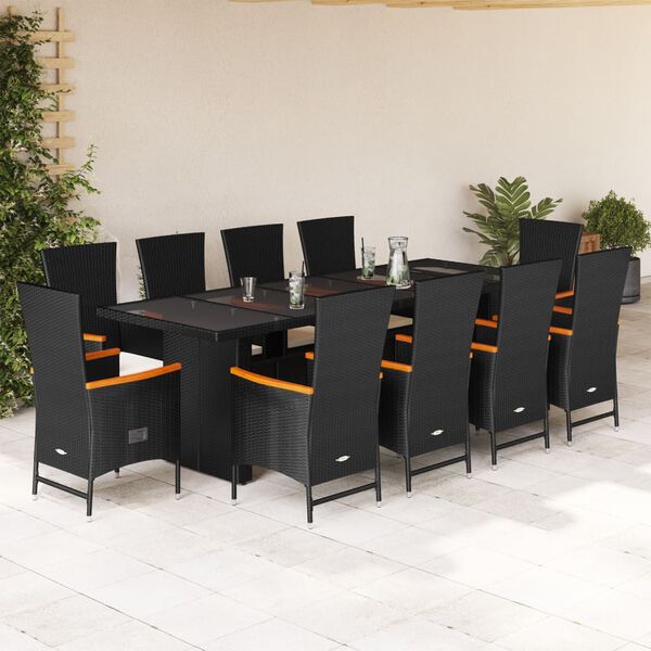 vidaXL 11 Piece Garden Dining Set with Cushions Black Poly Rattan