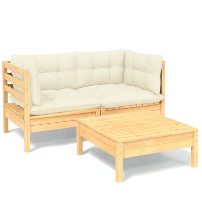 vidaXL 3 Piece Garden Lounge Set with Cream Cushions Pinewood