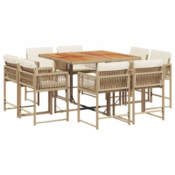 vidaXL 9 Piece Garden Dining Set with Cushions Beige Poly Rattan