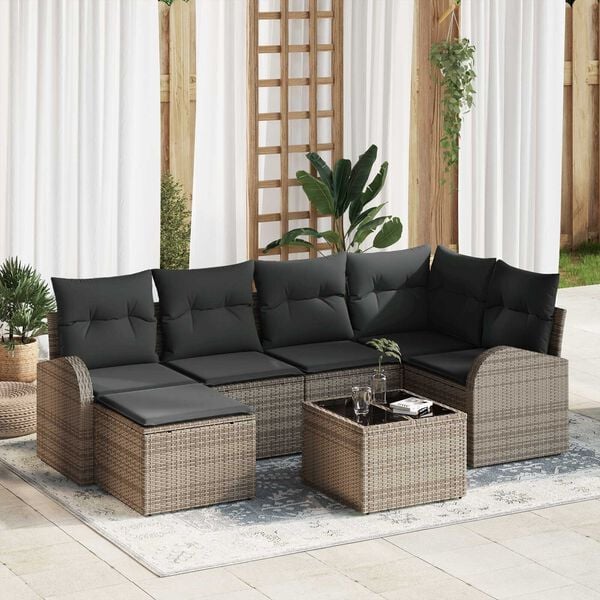 vidaXL Sofa Set with Cushion with Storage 7 pcs Grey Poly Rattan
