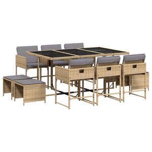 vidaXL 11 Piece Garden Dining Set with Cushions Mix Beige Poly Rattan