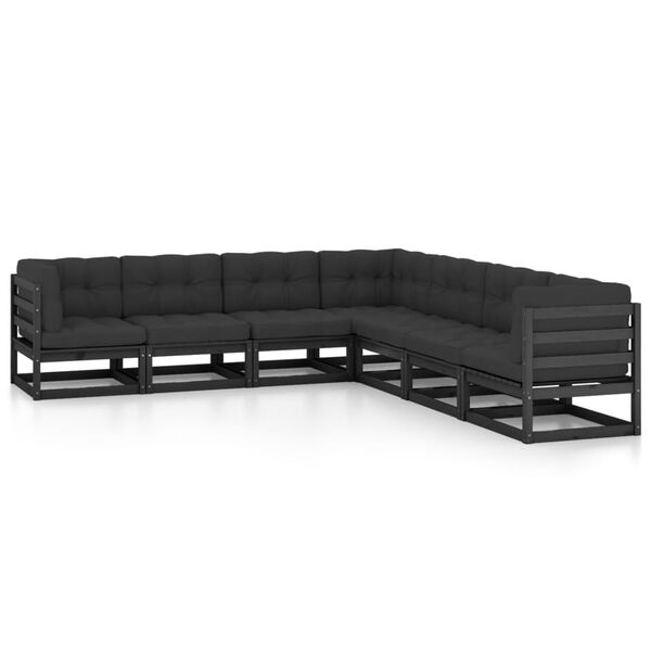 vidaXL 7 Piece Garden Lounge Set with Cushions Black Solid Pinewood