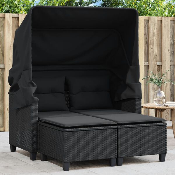 vidaXL Garden Sofa 2-Seater with Canopy and Stools Black Poly Rattan