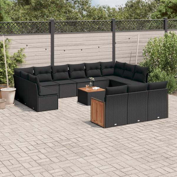vidaXL 14 Piece Garden Sofa Set with Cushions Black Poly Rattan