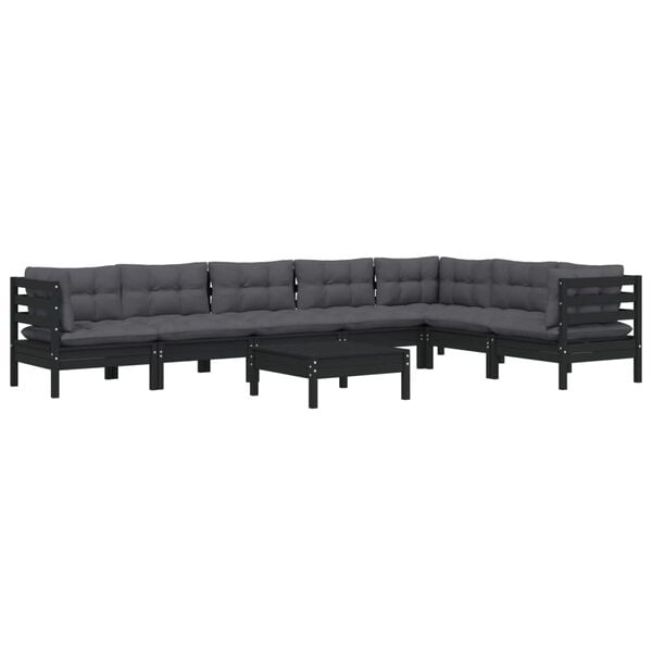 vidaXL 8 Piece Garden Lounge Set with Cushions Black Solid Pinewood