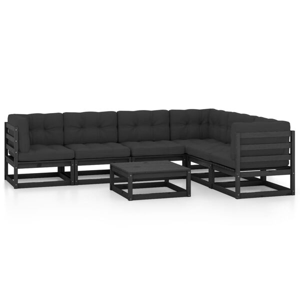 vidaXL 7 Piece Garden Lounge Set with Cushions Black Solid Pinewood