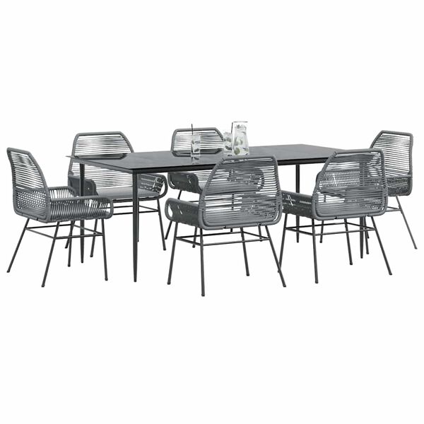 vidaXL 7 Piece Garden Dining Set with Cushions Grey Poly Rattan Glass