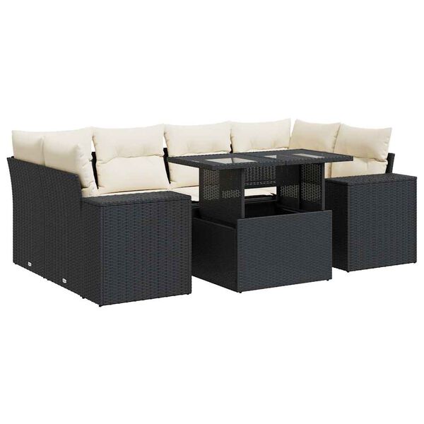 vidaXL 7 Piece Garden Sofa Set with Cushions Black Poly Rattan