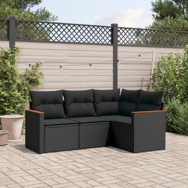 vidaXL 4 Piece Garden Sofa Set with Cushions Black Poly Rattan