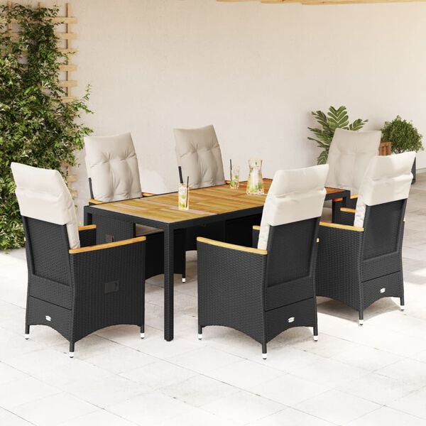 vidaXL 7 Piece Garden Dining Set with Cushions Black Poly Rattan