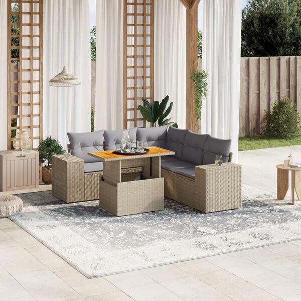 vidaXL 6 Piece Garden Sofa Set with Cushions Beige Poly Rattan