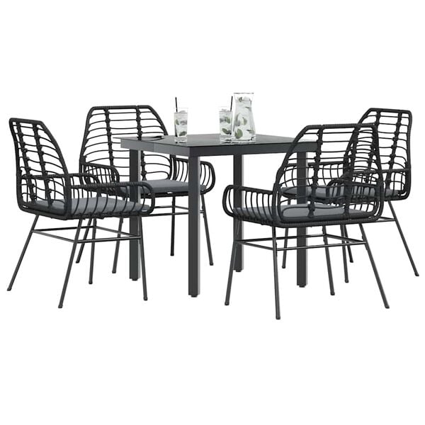 vidaXL 5 Piece Garden Dining Set with Cushions Black Poly Rattan Glass