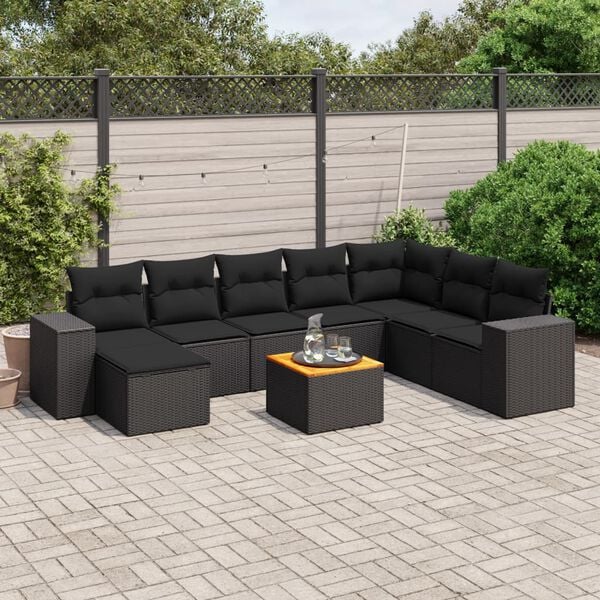 vidaXL 9 Piece Garden Sofa Set with Cushions Black Poly Rattan