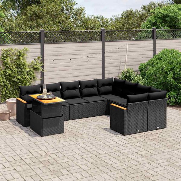 vidaXL 10 Piece Garden Sofa Set with Cushions Black Poly Rattan