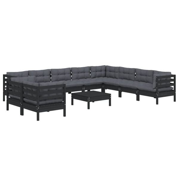 vidaXL 11 Piece Garden Lounge Set with Cushions Black Solid Pinewood