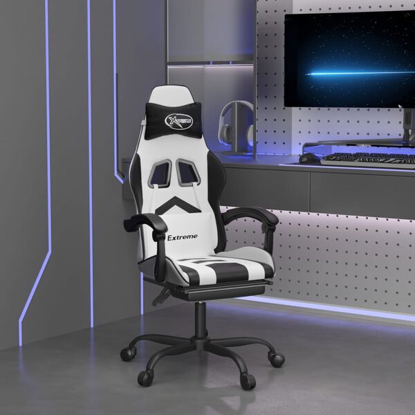 vidaXL Swivel Gaming Chair with Footrest White&Black Faux Leather