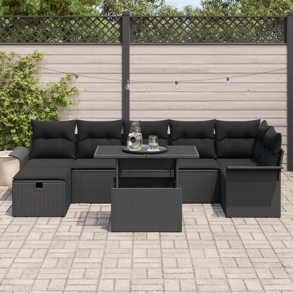vidaXL Garden Sofa Set with Cushion 8 pcs Black Poly rattan