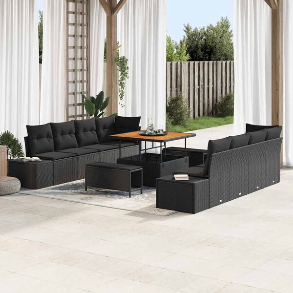 vidaXL Garden Sofa Set with Cushion 11 pcs Black Poly Rattan
