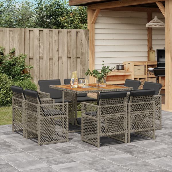 vidaXL 9 Piece Garden Dining Set with Cushions Grey Poly Rattan