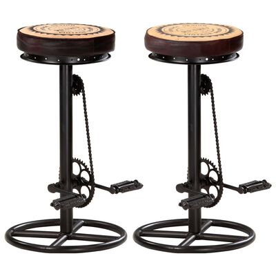 vidaXL Bar Stools with Canvas Print 2 pcs Black and Brown Real Leather