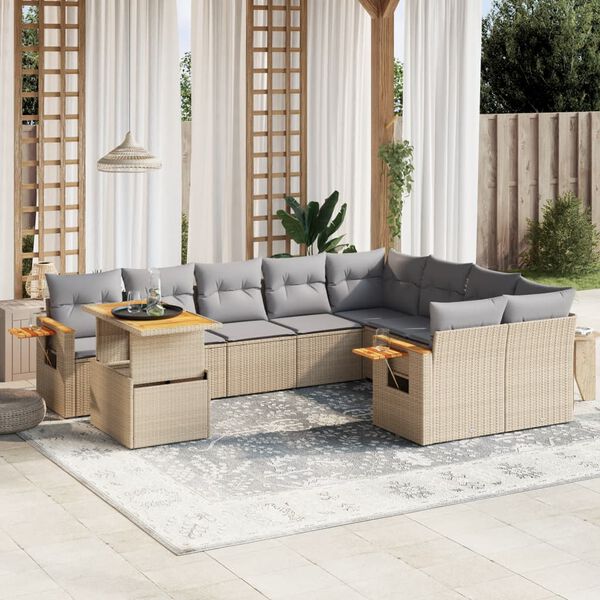vidaXL 10 Piece Garden Sofa Set with Cushions Beige Poly Rattan