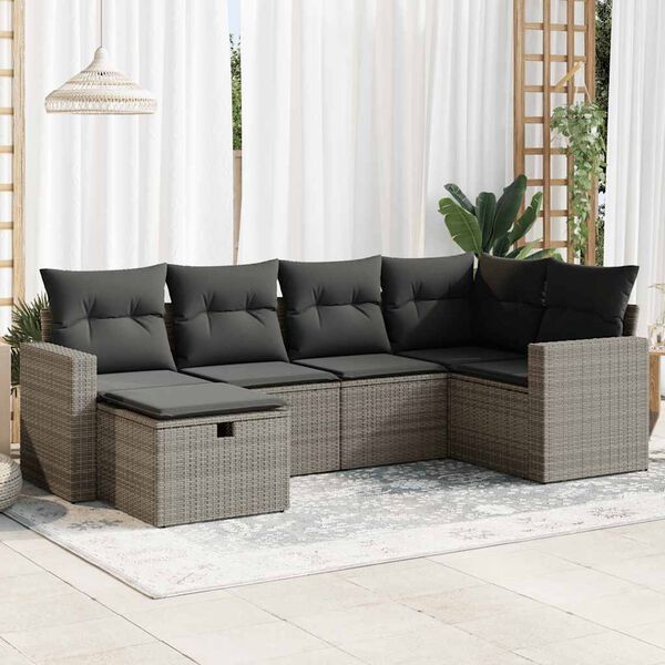 vidaXL 6 Piece Garden Sofa Set with Cushions Grey Poly Rattan