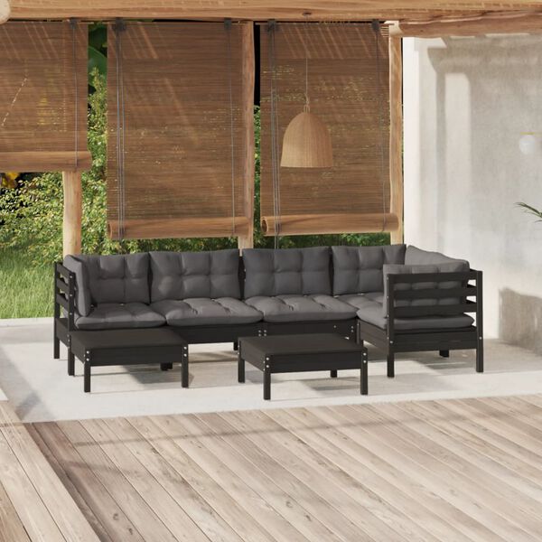 vidaXL 7 Piece Garden Lounge Set with Cushions Black Solid Pinewood