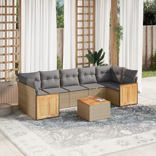 vidaXL 8 Piece Garden Sofa Set with Cushions Beige Poly Rattan