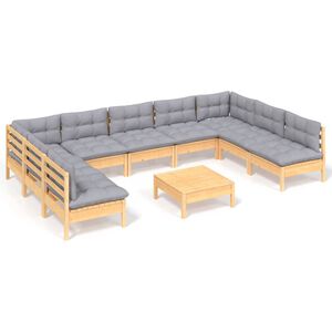 vidaXL 10 Piece Garden Lounge Set with Grey Cushions Solid Pinewood