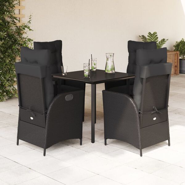 vidaXL 5 Piece Garden Dining Set with Cushions Black Poly Rattan