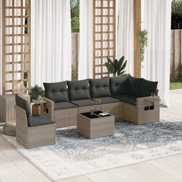 vidaXL 7 Piece Garden Sofa Set with Cushions Grey Poly Rattan