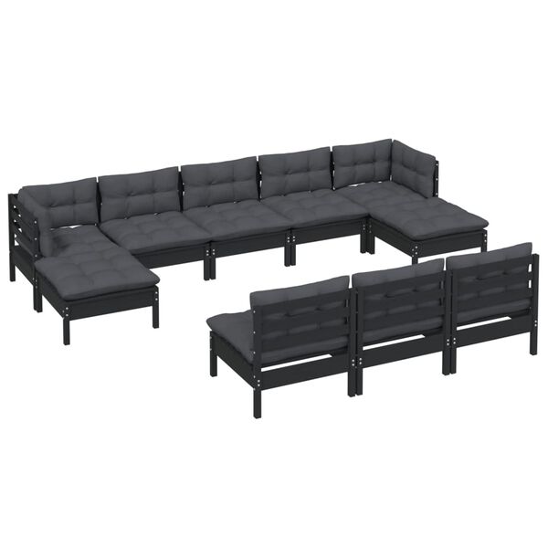 vidaXL 10 Piece Garden Lounge Set with Cushions Black Pinewood