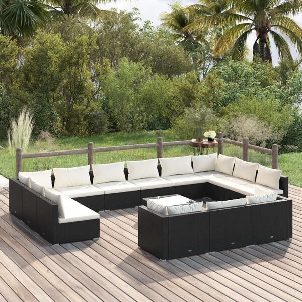 vidaXL 14 Piece Garden Lounge Set with Cushions Black Poly Rattan