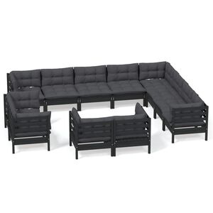 vidaXL 12 Piece Garden Lounge Set with Cushions Black Solid Pinewood