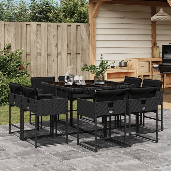 vidaXL 9 Piece Garden Dining Set with Cushions Black Poly Rattan