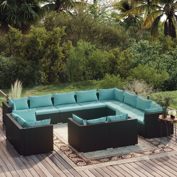 vidaXL 12 Piece Garden Lounge Set with Cushions Black Poly Rattan