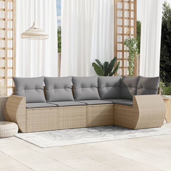 vidaXL 5 Piece Garden Sofa Set with Cushions Beige Poly Rattan