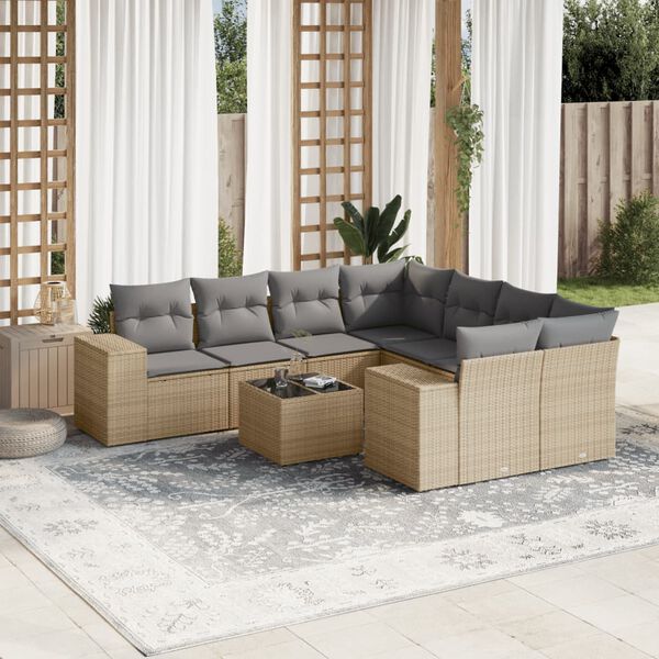 vidaXL 9 Piece Garden Sofa Set with Cushions Beige Poly Rattan