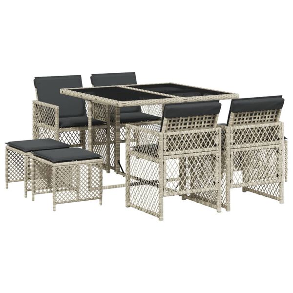 vidaXL 9 Piece Garden Dining Set with Cushions Light Grey Poly Rattan