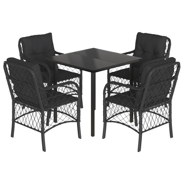 vidaXL 5 Piece Garden Dining Set with Cushions Black Poly Rattan