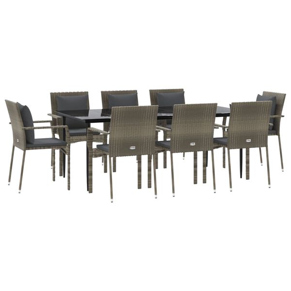 vidaXL 9 Piece Garden Dining Set with Cushions Black and Grey Poly Rattan
