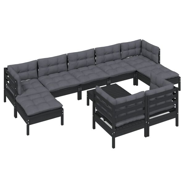 vidaXL 10 Piece Garden Lounge Set with Cushions Black Solid Pinewood
