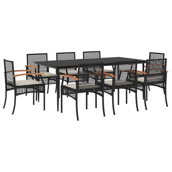 vidaXL 9 Piece Garden Dining Set with Cushions Black Poly Rattan