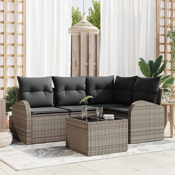 vidaXL Garden Sofa Set with Cushion 5 pcs Grey Poly Rattan