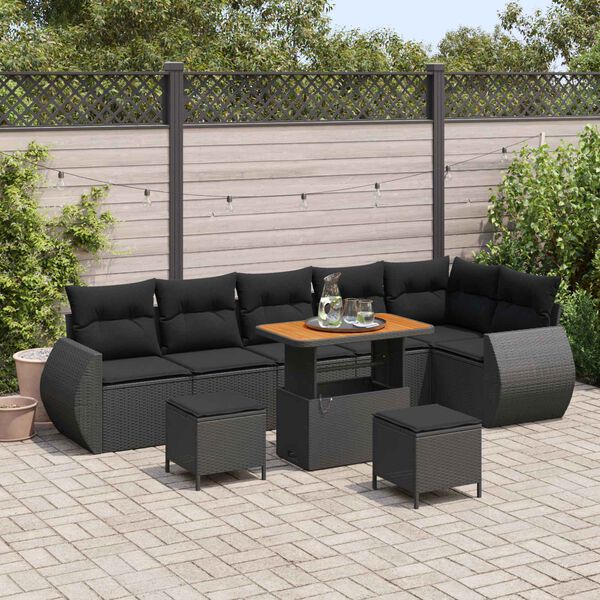 vidaXL Garden Sofa Set with Cushion 9 pcs Black Poly Rattan