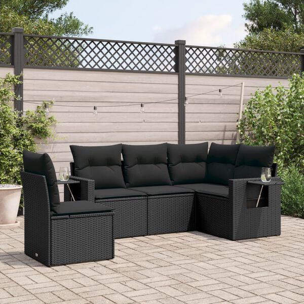 vidaXL 5 Piece Garden Sofa Set with Cushions Black Poly Rattan