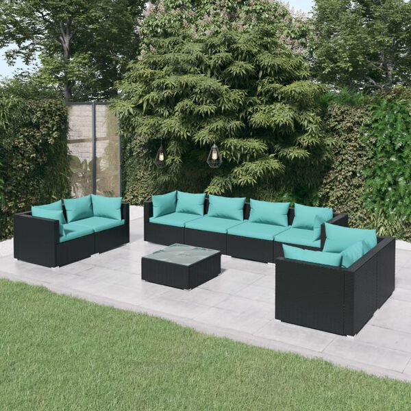vidaXL 9 Piece Garden Lounge Set with Cushions Poly Rattan Black